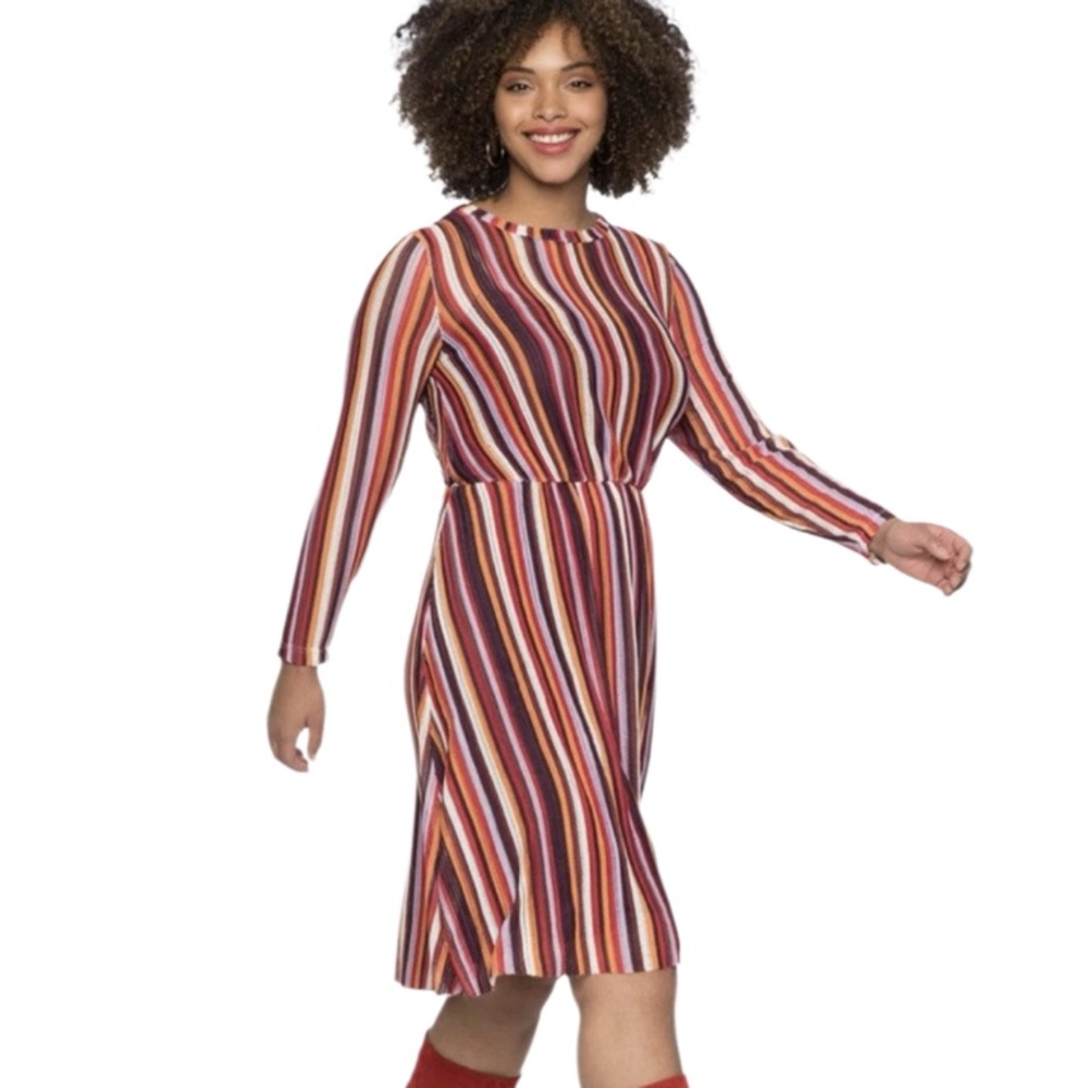 Eloquii Multi-Stripe Long-Sleeve Midi Mesh Knit Dress in Red, Orange, Pink